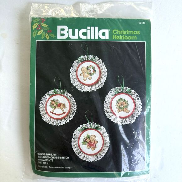 Vtg Bucilla "Gingerbread" Counted Cross-Stitch Ornament Kit Set Of 4 Christmas - Picture 1 of 5